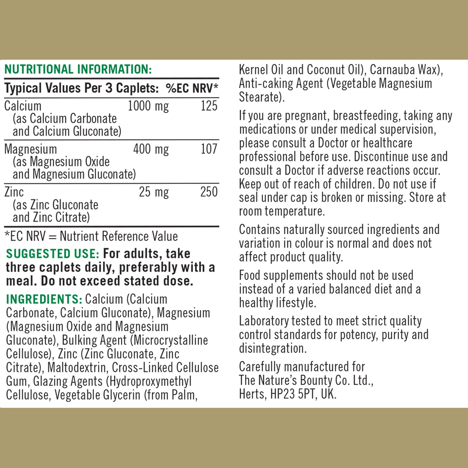 Calcium Magnesium and Zinc ingredients table
